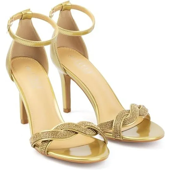 Women's Heeled Rhinestones Gold Sandals Stilettos Open Toe Ankle Strap Buckle