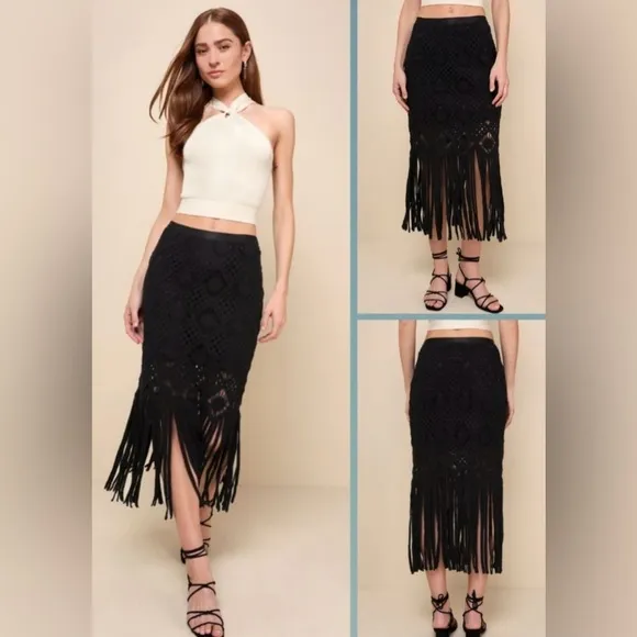 Women’s Lulus Enviable Summer Black Crochet Fringe Midi Skirt Medium NWT