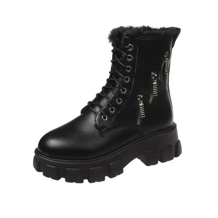 Women's PU Martin Boots - Round Toe, Square Heel, Velvet Lining