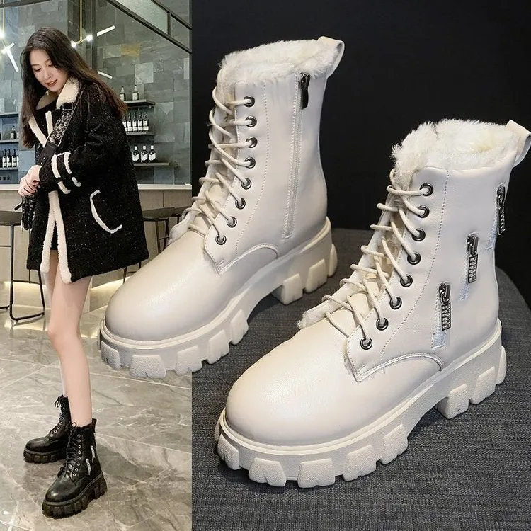Women's PU Martin Boots - Round Toe, Square Heel, Velvet Lining