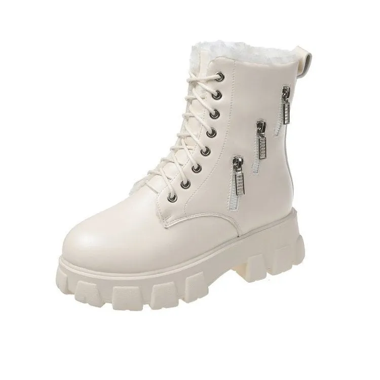 Women's PU Martin Boots - Round Toe, Square Heel, Velvet Lining