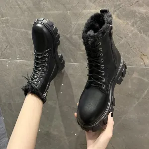 Women's PU Martin Boots - Round Toe, Square Heel, Velvet Lining