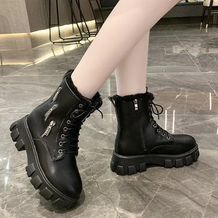 Women's PU Martin Boots - Round Toe, Square Heel, Velvet Lining
