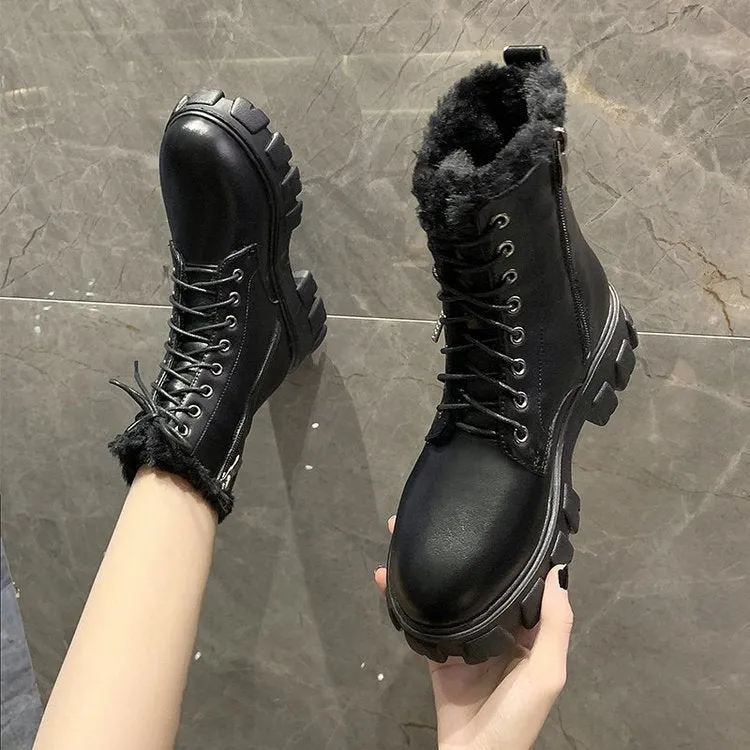 Women's PU Martin Boots - Round Toe, Square Heel, Velvet Lining