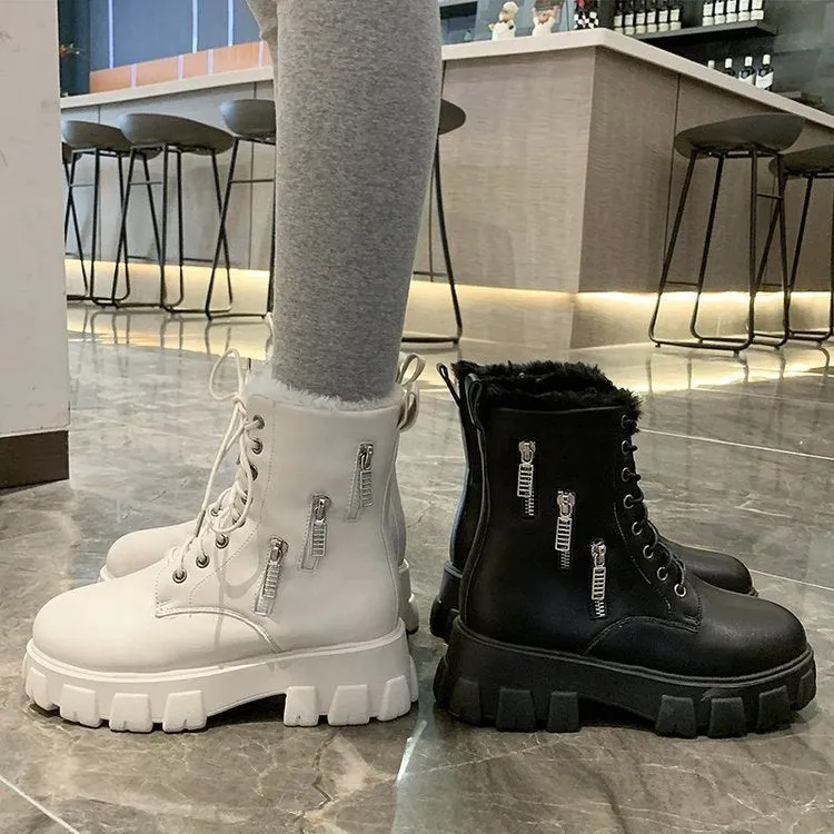 Women's PU Martin Boots - Round Toe, Square Heel, Velvet Lining