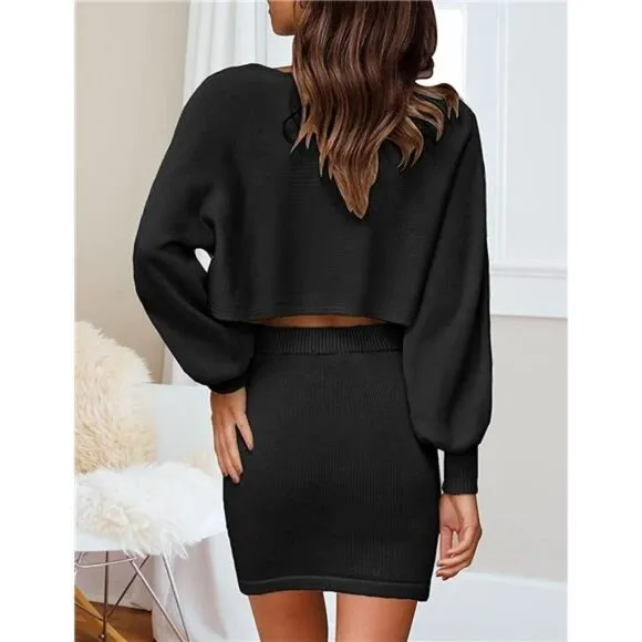 Women's Puff Sleeve 2 Piece Knit Crop Top Bodycon Skirt Set Sweater - Black