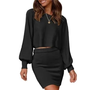 Women's Puff Sleeve 2 Piece Knit Crop Top Bodycon Skirt Set Sweater - Black