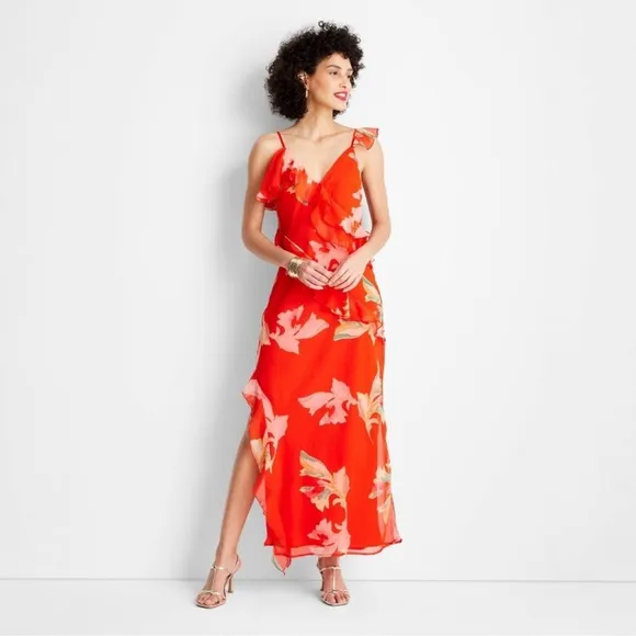 Women's Ruffle Ankle Length Dress - Future Collective with Jenee Naylor Red L