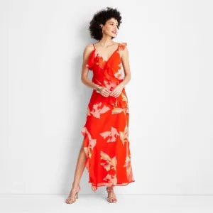 Women's Ruffle Ankle Length Dress - Future Collective with Jenee Naylor Red L