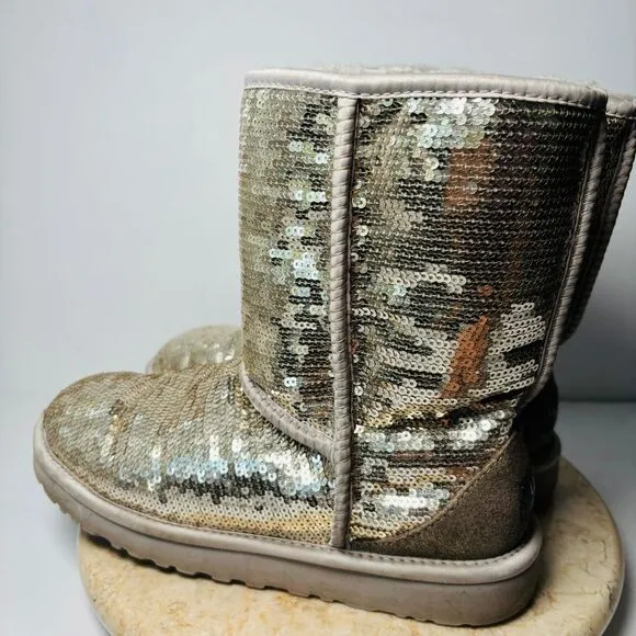 Womens Size 8‎ UGG Classic Short Boots Tan Gold Sequin