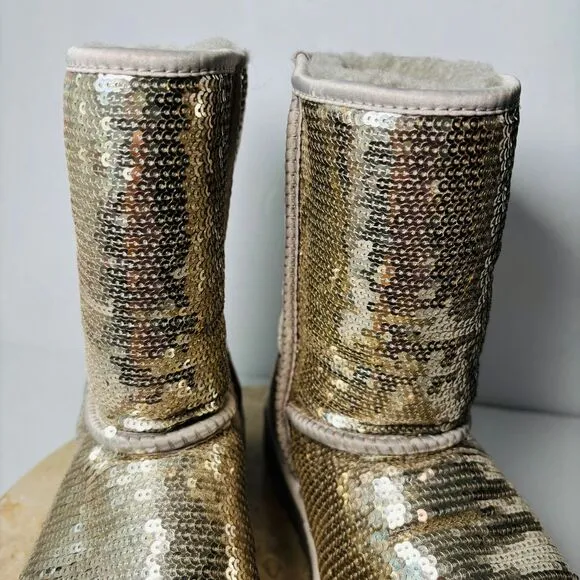 Womens Size 8‎ UGG Classic Short Boots Tan Gold Sequin