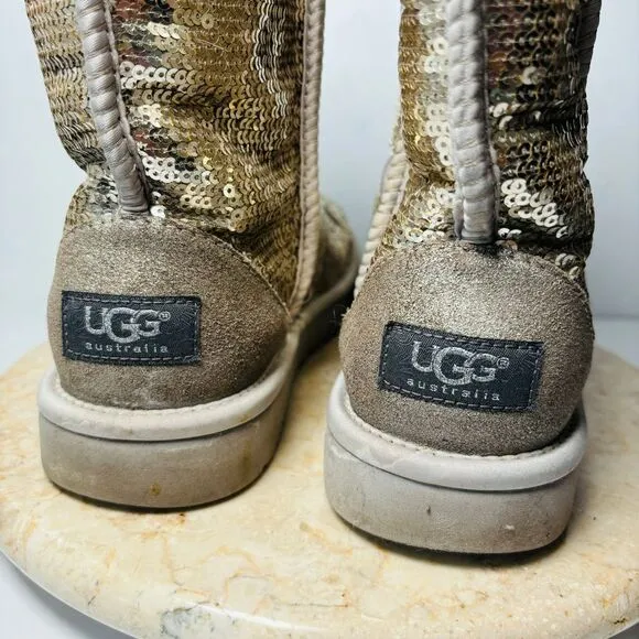 Womens Size 8‎ UGG Classic Short Boots Tan Gold Sequin
