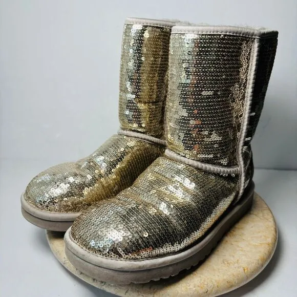 Womens Size 8‎ UGG Classic Short Boots Tan Gold Sequin
