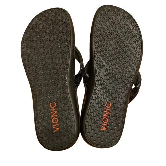 Women's Size 9 Vionic Tide Rhinestone Black Sandals Flip Flops Slides Orthopedic