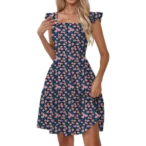 Women's Summer Dresses Casual Square Neck-Navy Blue