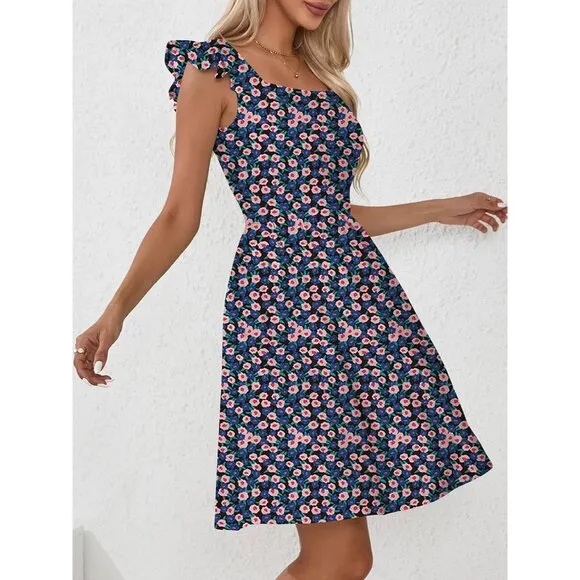 Women's Summer Dresses Casual Square Neck-Navy Blue