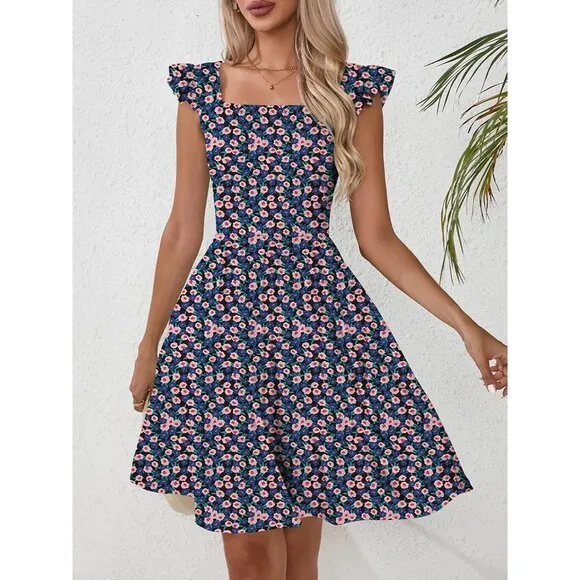 Women's Summer Dresses Casual Square Neck-Navy Blue