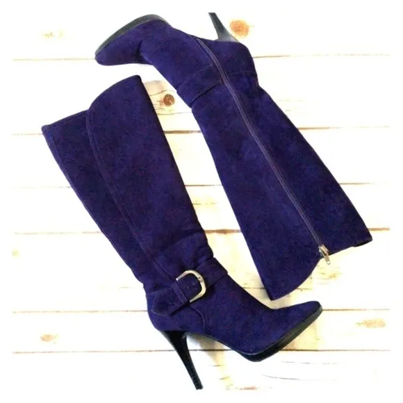 Worthington Chantal purple heeled boots with gold buckle