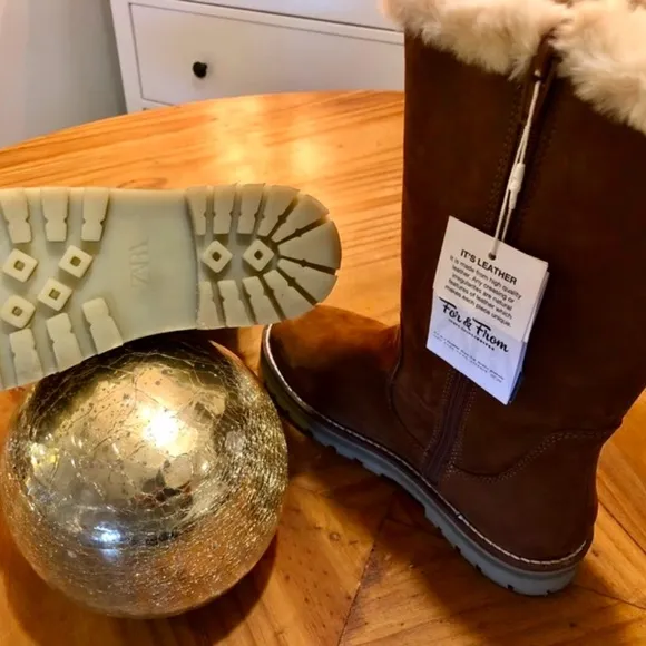 Zara girls brown leather lined tall boots
