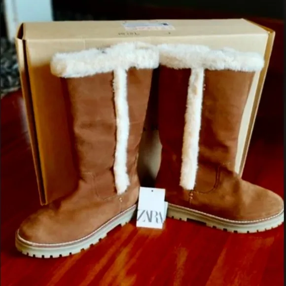 Zara girls brown leather lined tall boots