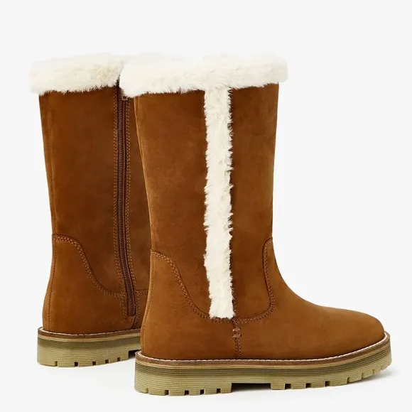 Zara girls brown leather lined tall boots
