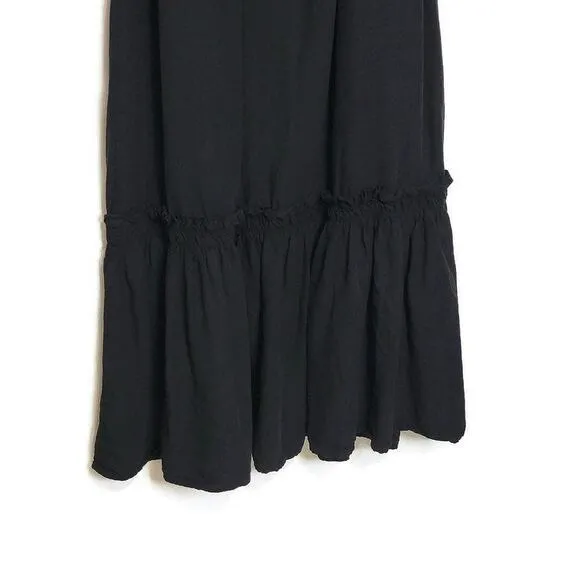 ZARA Linen Blend Short Sleeve Tiered Ruffle Long Black Maxi Dress Size M