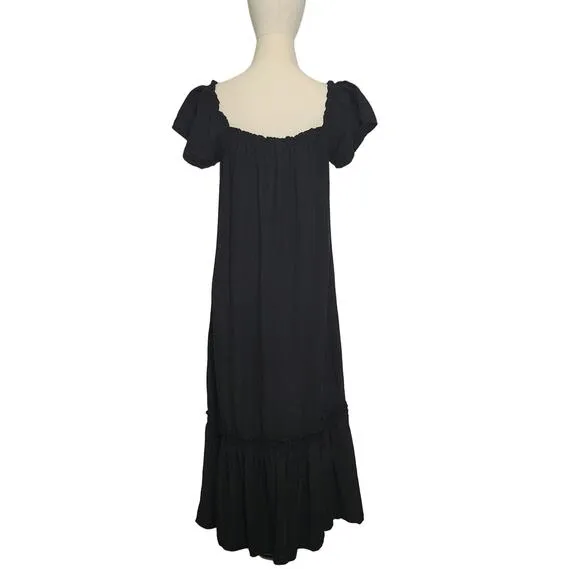 ZARA Linen Blend Short Sleeve Tiered Ruffle Long Black Maxi Dress Size M