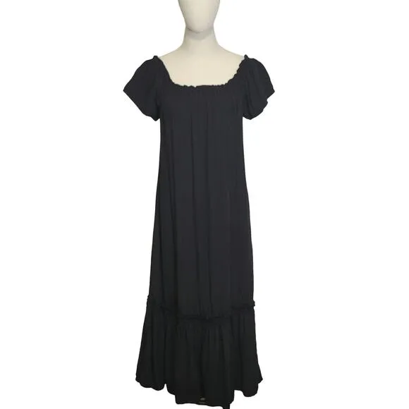 ZARA Linen Blend Short Sleeve Tiered Ruffle Long Black Maxi Dress Size M