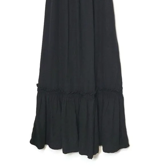 ZARA Linen Blend Short Sleeve Tiered Ruffle Long Black Maxi Dress Size M