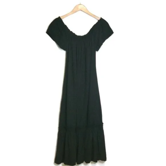 ZARA Linen Blend Short Sleeve Tiered Ruffle Long Black Maxi Dress Size M