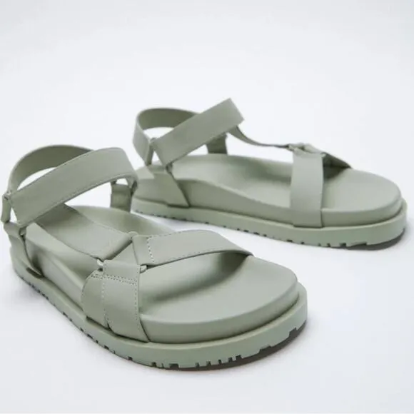 Zara Mint Green Rubberized Low Heel Sandals Size 9 NWT