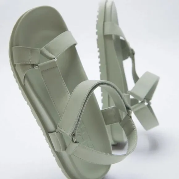 Zara Mint Green Rubberized Low Heel Sandals Size 9 NWT