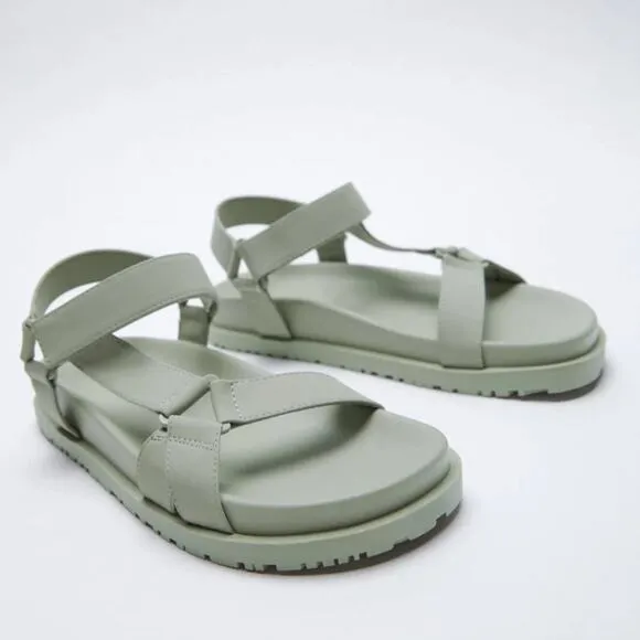 Zara Mint Green Rubberized Low Heel Sandals Size 9 NWT