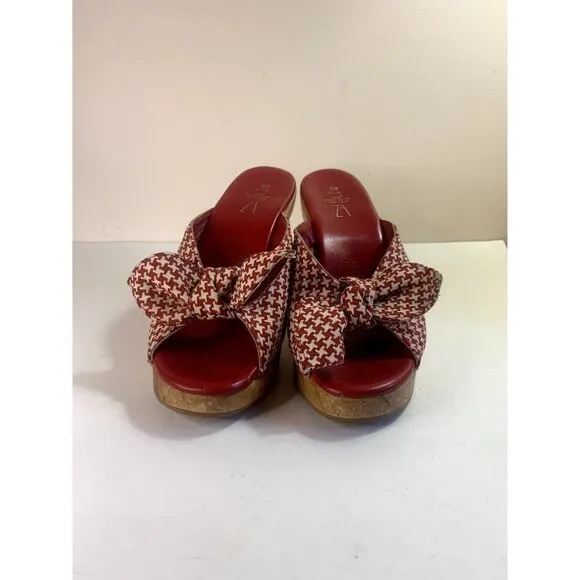 ZARA Rare Red White Houndstooth Wood Wedge Clog Retro 40s Pin-up Bow Tie
