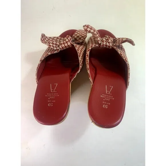 ZARA Rare Red White Houndstooth Wood Wedge Clog Retro 40s Pin-up Bow Tie