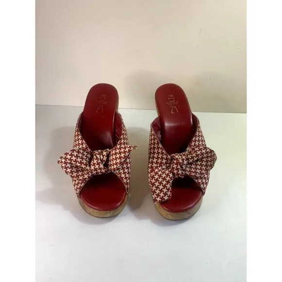 ZARA Rare Red White Houndstooth Wood Wedge Clog Retro 40s Pin-up Bow Tie