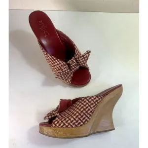 ZARA Rare Red White Houndstooth Wood Wedge Clog Retro 40s Pin-up Bow Tie