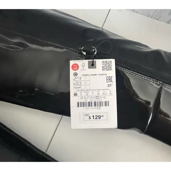 Zara Square Heeled Tall Patent Leather Boots Size 9 (40)