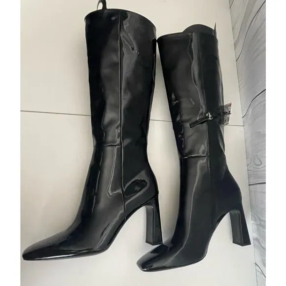 Zara Square Heeled Tall Patent Leather Boots Size 9 (40)