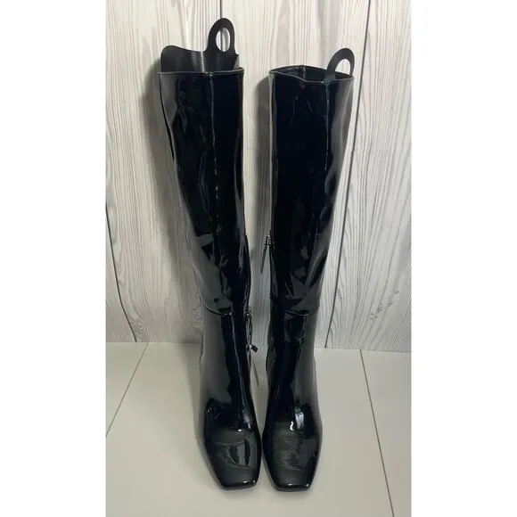 Zara Square Heeled Tall Patent Leather Boots Size 9 (40)