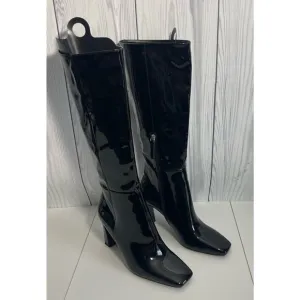 Zara Square Heeled Tall Patent Leather Boots Size 9 (40)
