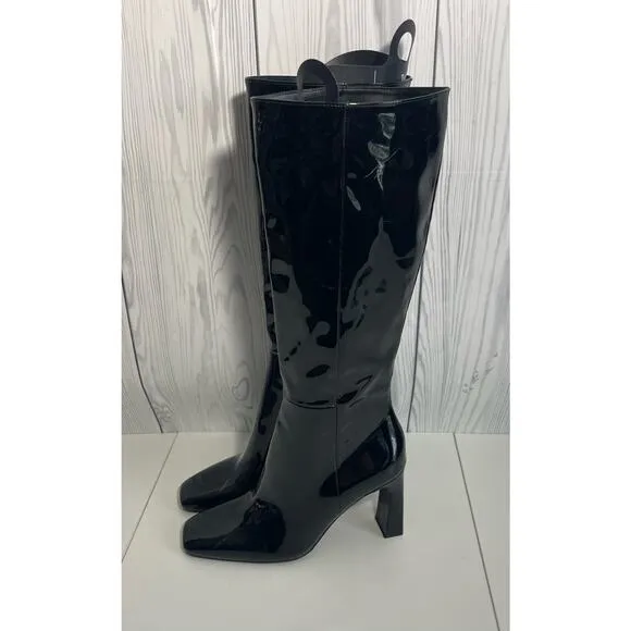 Zara Square Heeled Tall Patent Leather Boots Size 9 (40)