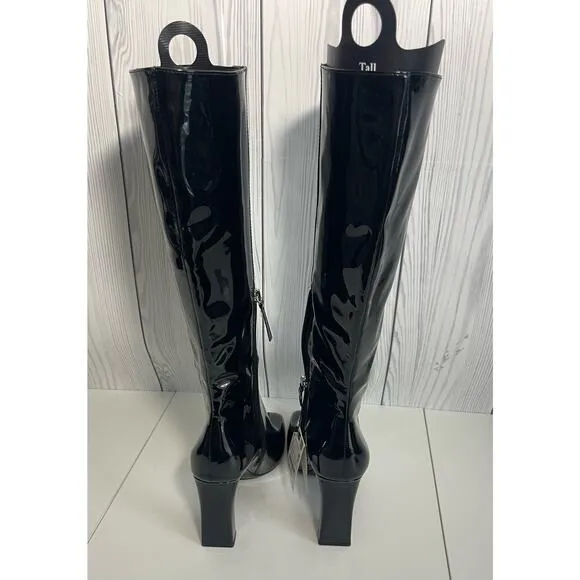 Zara Square Heeled Tall Patent Leather Boots Size 9 (40)