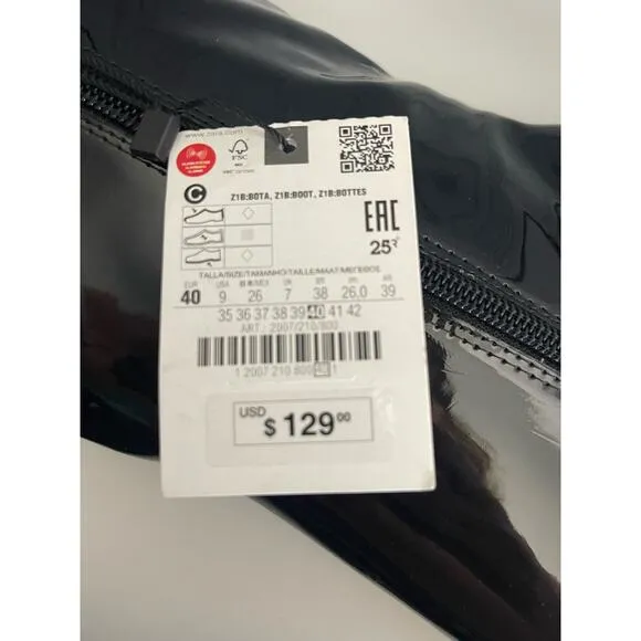 Zara Square Heeled Tall Patent Leather Boots Size 9 (40)