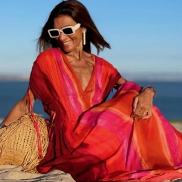 Zara TIE DYE Maxi Dress/ Beach Coverup with Beaded Ties Size Small (2-6)