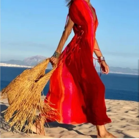 Zara TIE DYE Maxi Dress/ Beach Coverup with Beaded Ties Size Small (2-6)