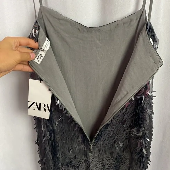 Zara ZW Collection NWT Short Sequinned Dress Silver - Size S